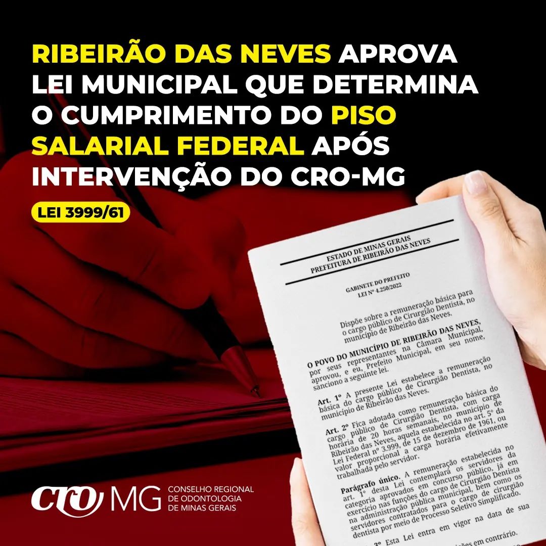 Aprovado piso salarial em Ribeirão das Neves após intervenção do CRO-MG